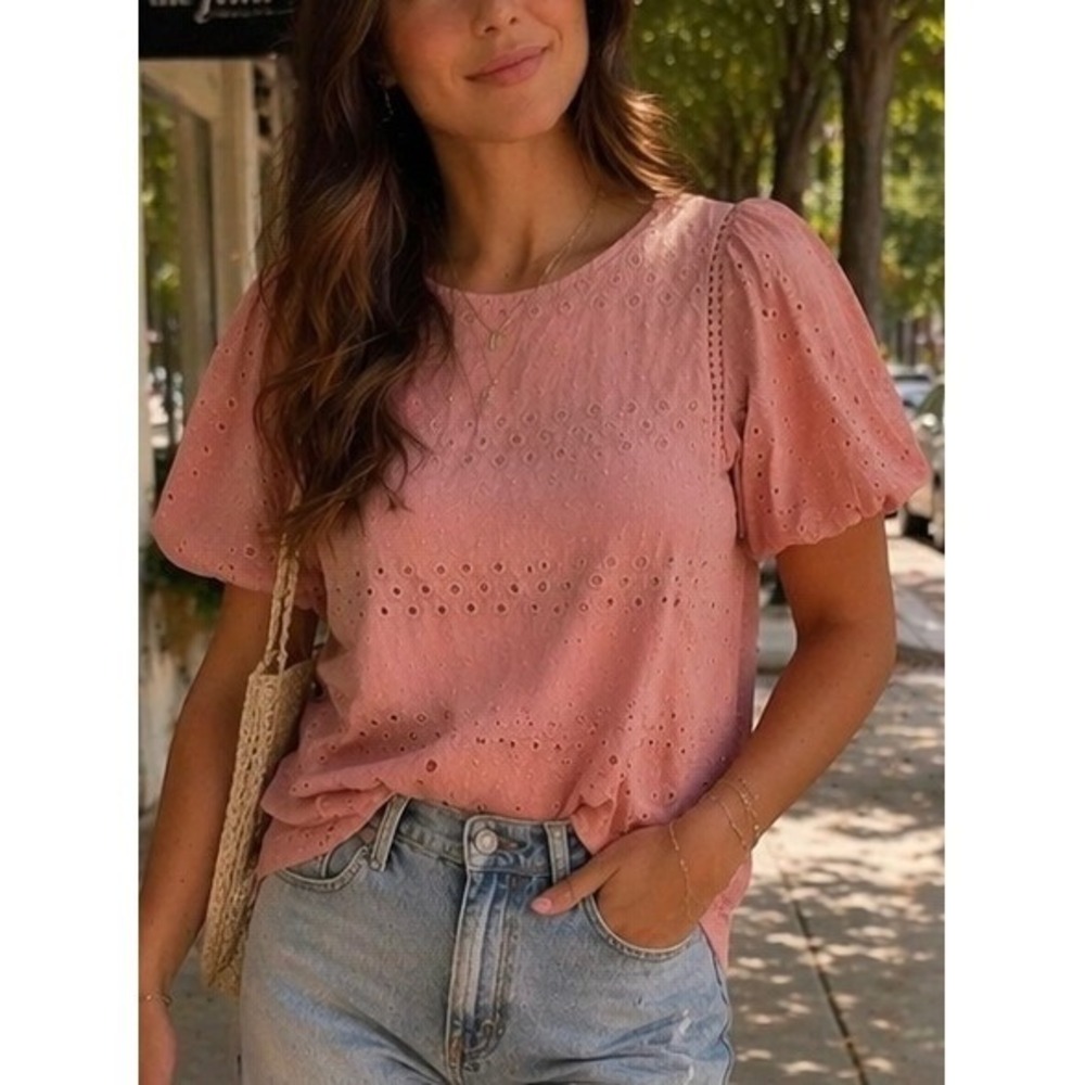 Indigo Poppy Womens Eyelet Top Pink Size Small Puff‎ Sleeve Cotton Boho